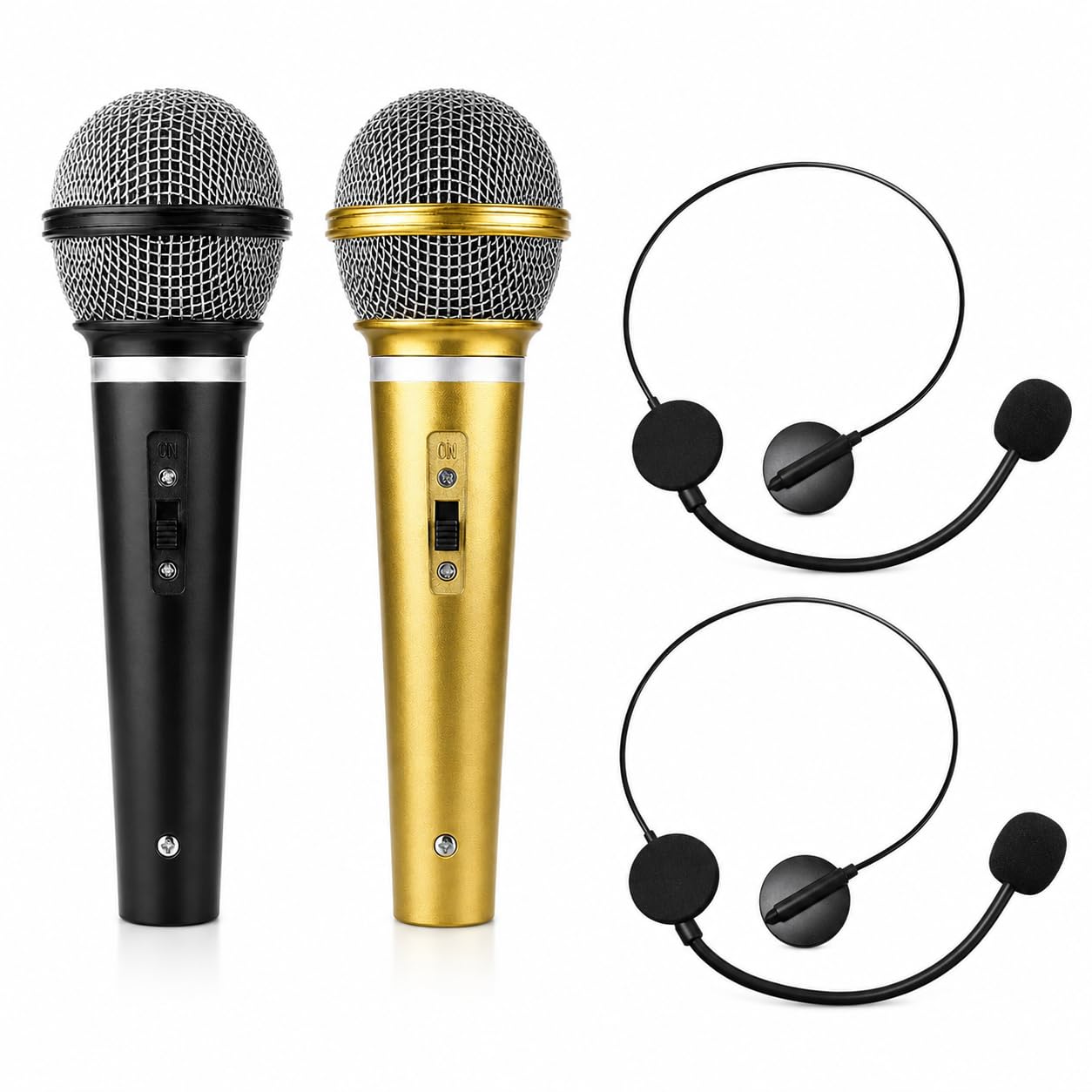BeoTnp 4pcs Fake Microphone, Toy Microphone Set, Head Mic, Black and Gold
