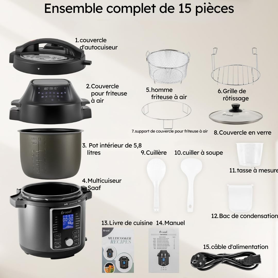 Saaf Multicuiseur avec Airfryer – Set de 15 Pièces – 24 Programmes – Slowcooker, Cuiseur à Riz, Vapeur & Cocotte-Minute – 6L – Inclus Panier, Cuve & Livre de Recettes – Écran Digital