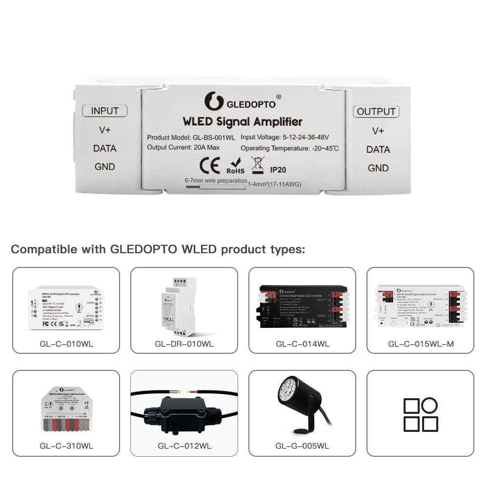 GL-BS-001WL 5-24 V Cyfrowy kontroler taśmy świetlnej WLED RGB RGBW 2811 Łatwe okablowanie Efekt fantomowy 100+