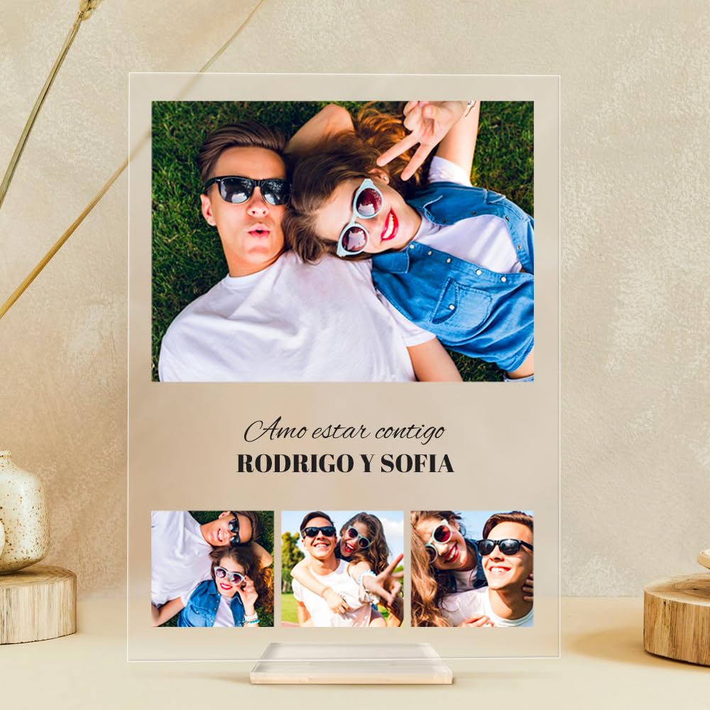 Transparent Gift Placa Collage de Fotos con Textos personalizada. Placa de metacrilato con Base o Marco. Regalos Originales para Parejas. Regalos personalizados para San Valentín y Aniversario