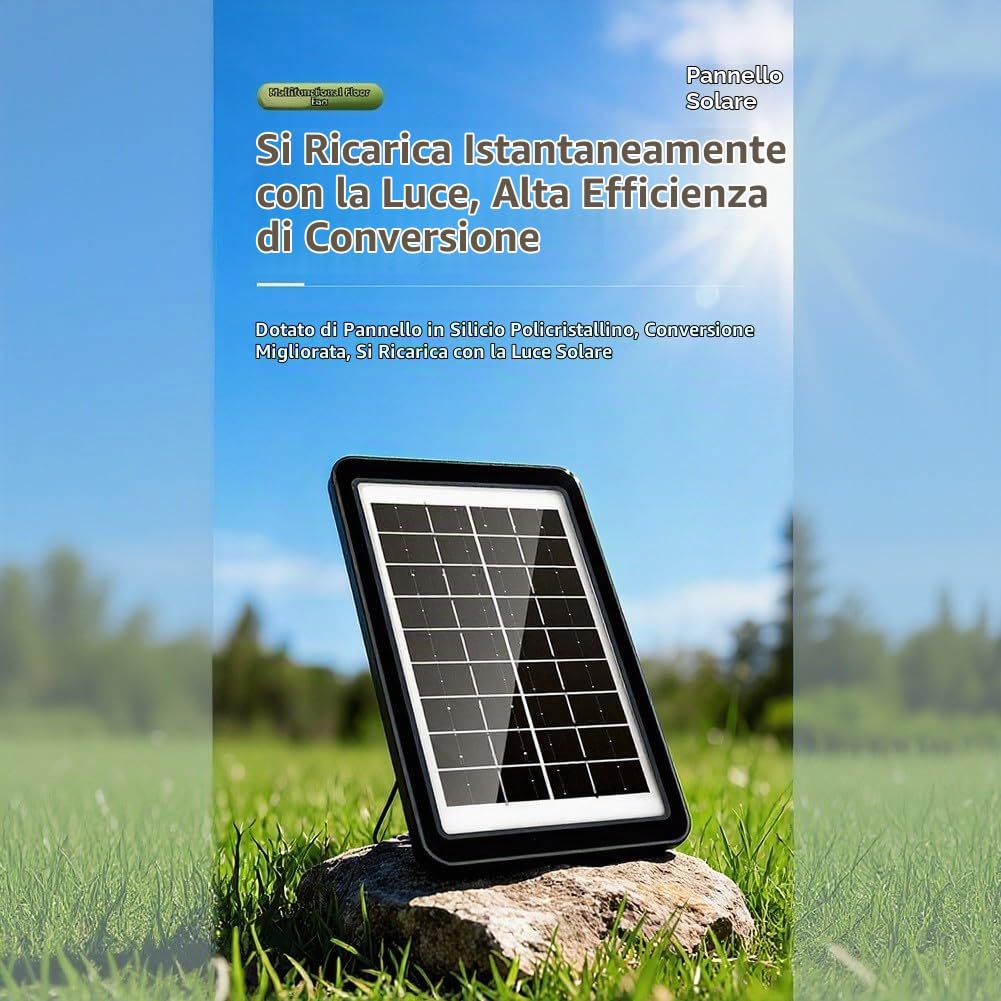 Ventilatore da pavimento compatto a energia solare con 5 velocità, ventilatore a colonna ricaricabile tramite USB, flusso d'aria regolabile a 360° e luce LED per esterni, casa, ufficio, campeggio