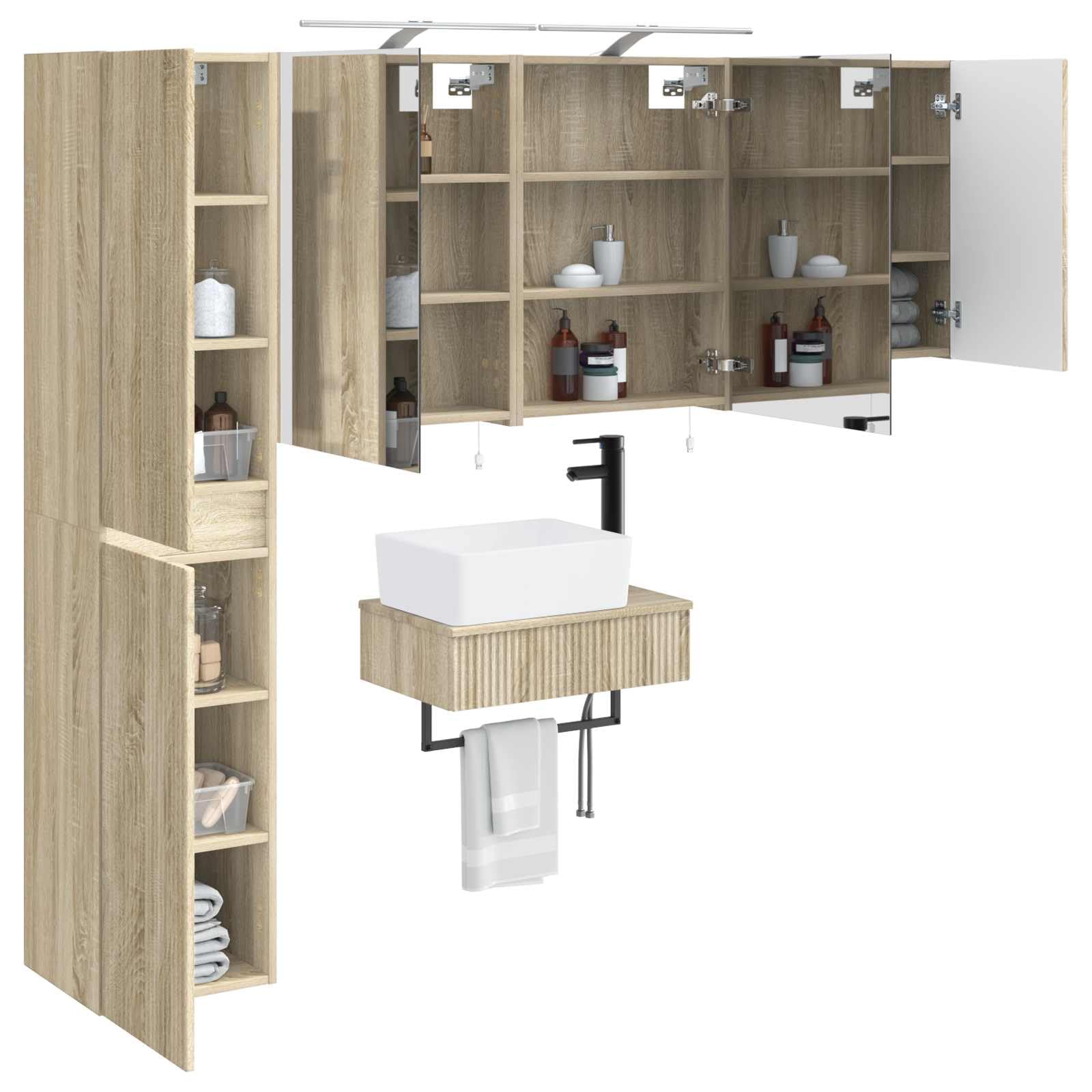 Juego de 5 muebles de baño de roble Sonoma de madera y cristal con espejo LED, montaje en pared para baño moderno, incluye espacio de almacenamiento, iluminación USB, espejo de doble cara