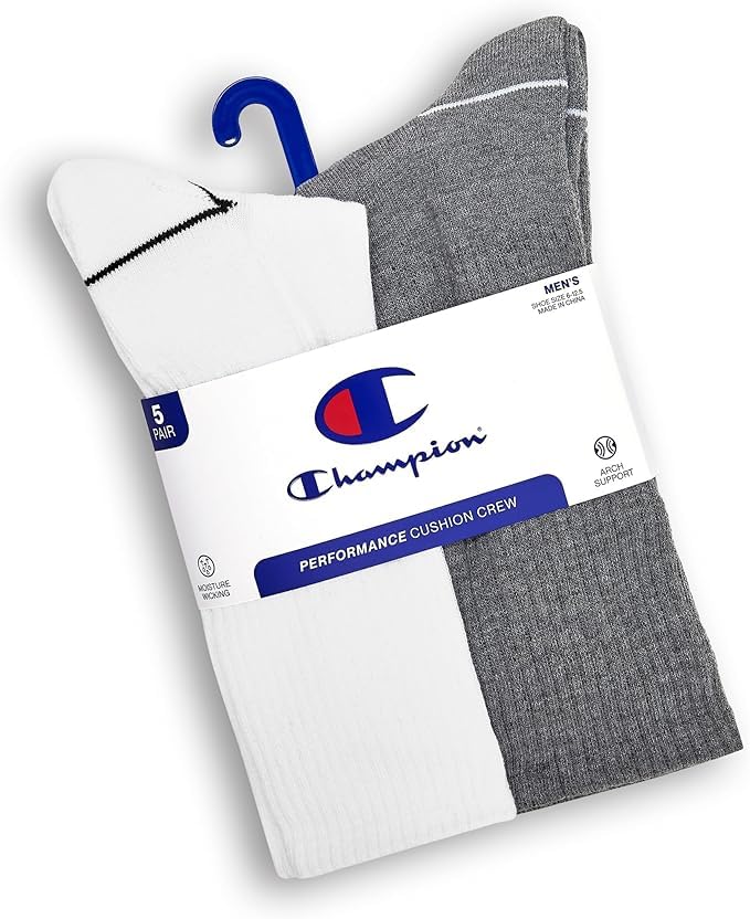 Image of Champion Men's Cushioned Crew Socks 5-Pack - Moisture-Wicking Athletic Crew Socks with Arch Support (Sizes 6-12)