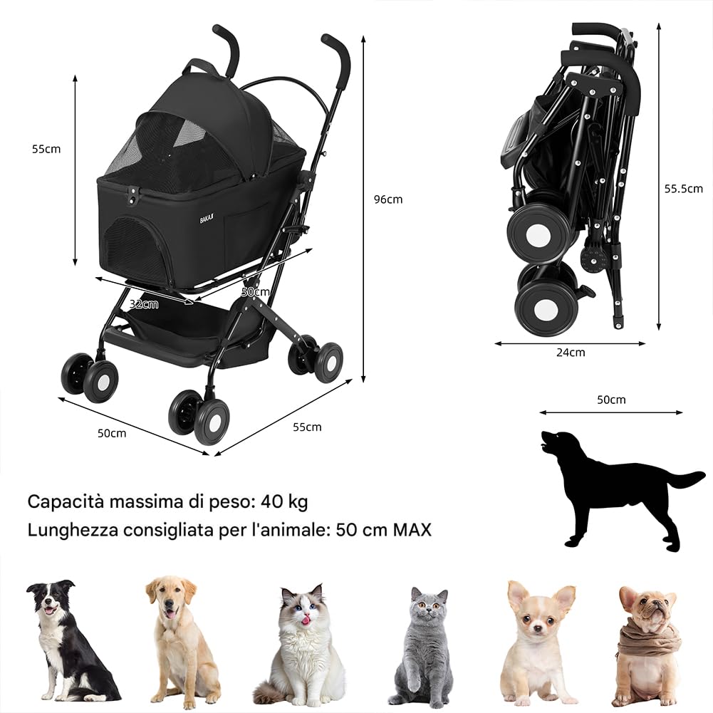 BAKAJI Passeggino per Animali Domestici 2 in 1 Carico Massimo 40kg Pieghevole e Salvaspazio, Capsula Rimovibile, Carrozzina per Cani e Gatti con Trasportino Removibile e Cestello Portaoggetti (Nero)