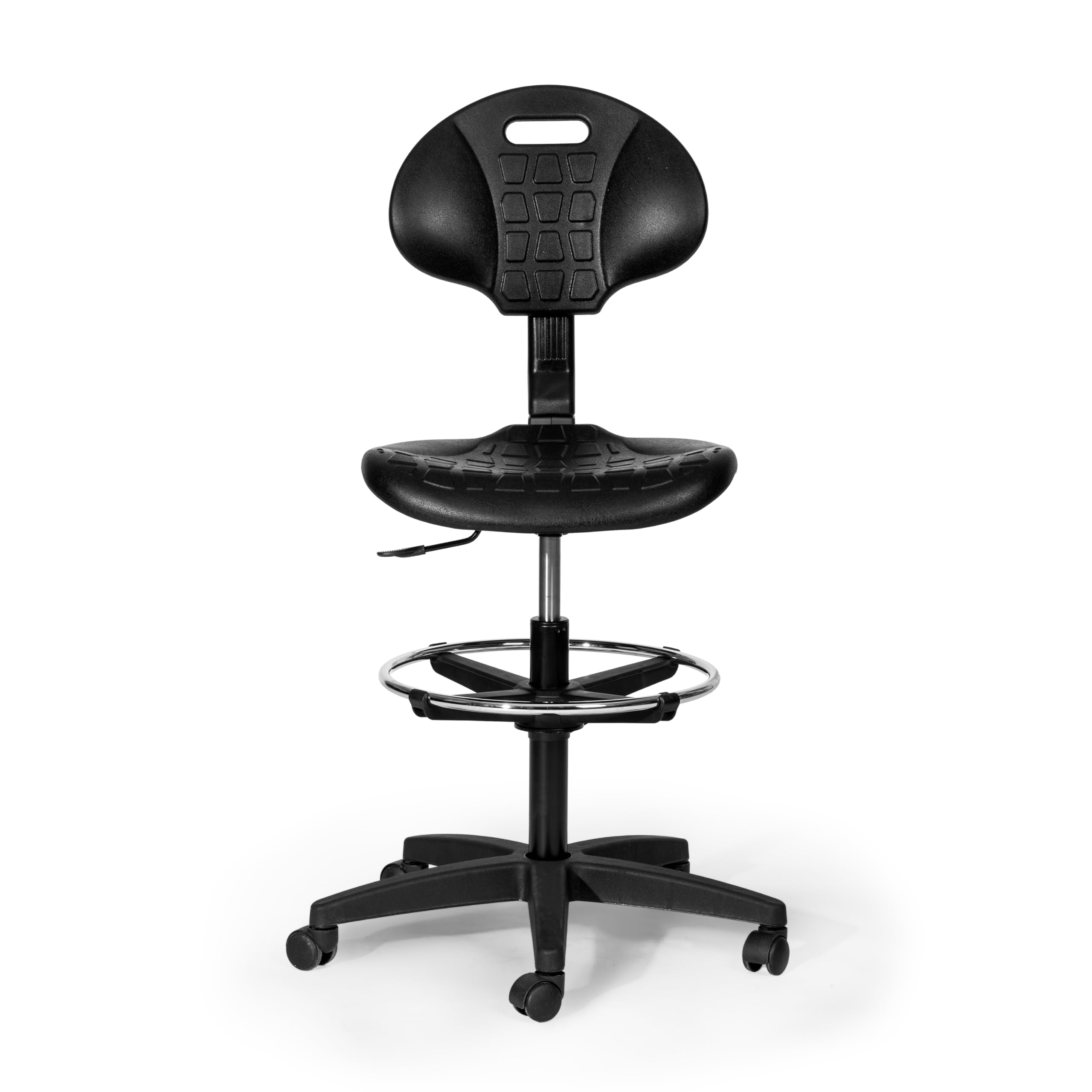 Topsit IND102 Sedia da Lavoro in Poliuretano, Seduta da Laboratorio, Sedia da Ufficio Ergonomica Girevole su Ruote con Anello Poggiapiedi in Metallo Cromo, Schienale e Altezza Regolabile