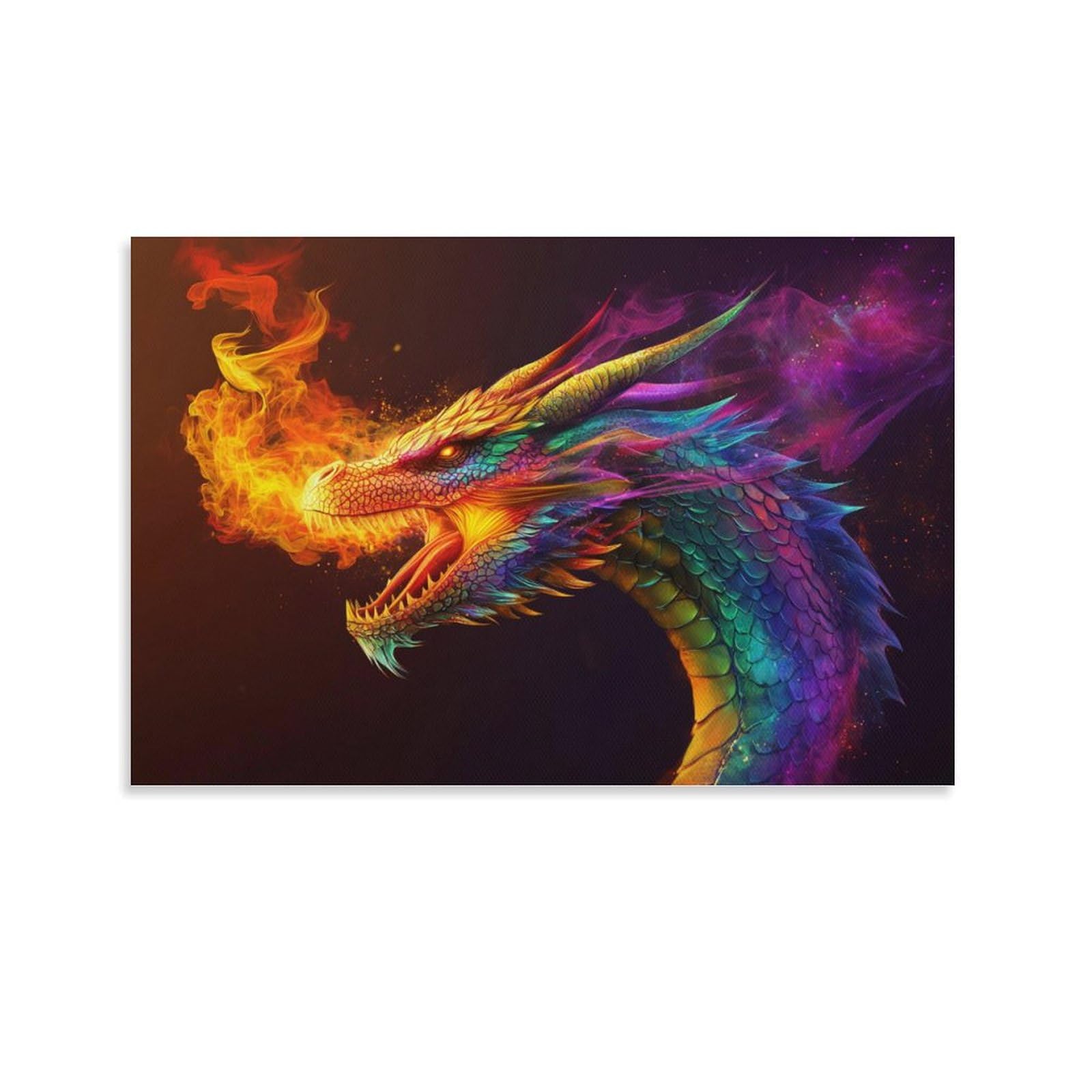 Fantasy Magical Colorful Dragon Breathing Fire Poster Canvas Wall Art Posters & Prints Wall Decor for Bedroom Living Room Paintings Pictures 12x18inch