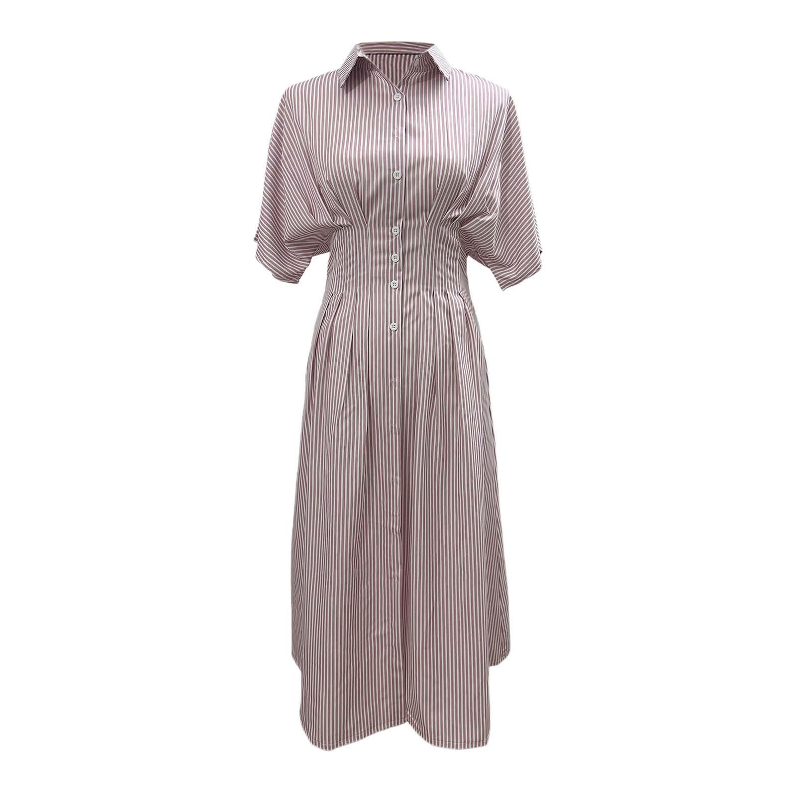 Maxi abito con bottoni anteriori, camicia plissettata, stampa a righe, colletto a maniche corte, abiti lunghi casual