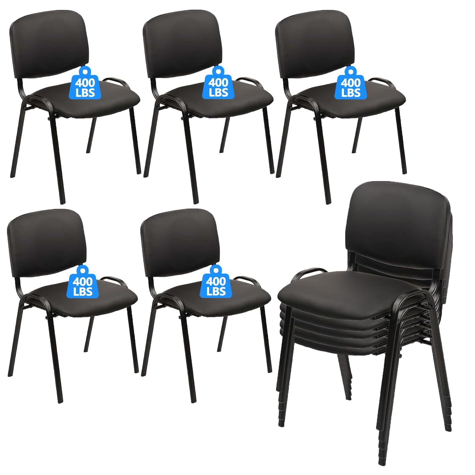 CLATINA Stackable Waiting Room Chairs, PU Leather Guest Reception Chair with Upholstered Thickene Seat and Back Support, Stacking Chair Metal Leg for Office School Church Conference, Black, 10 Pack