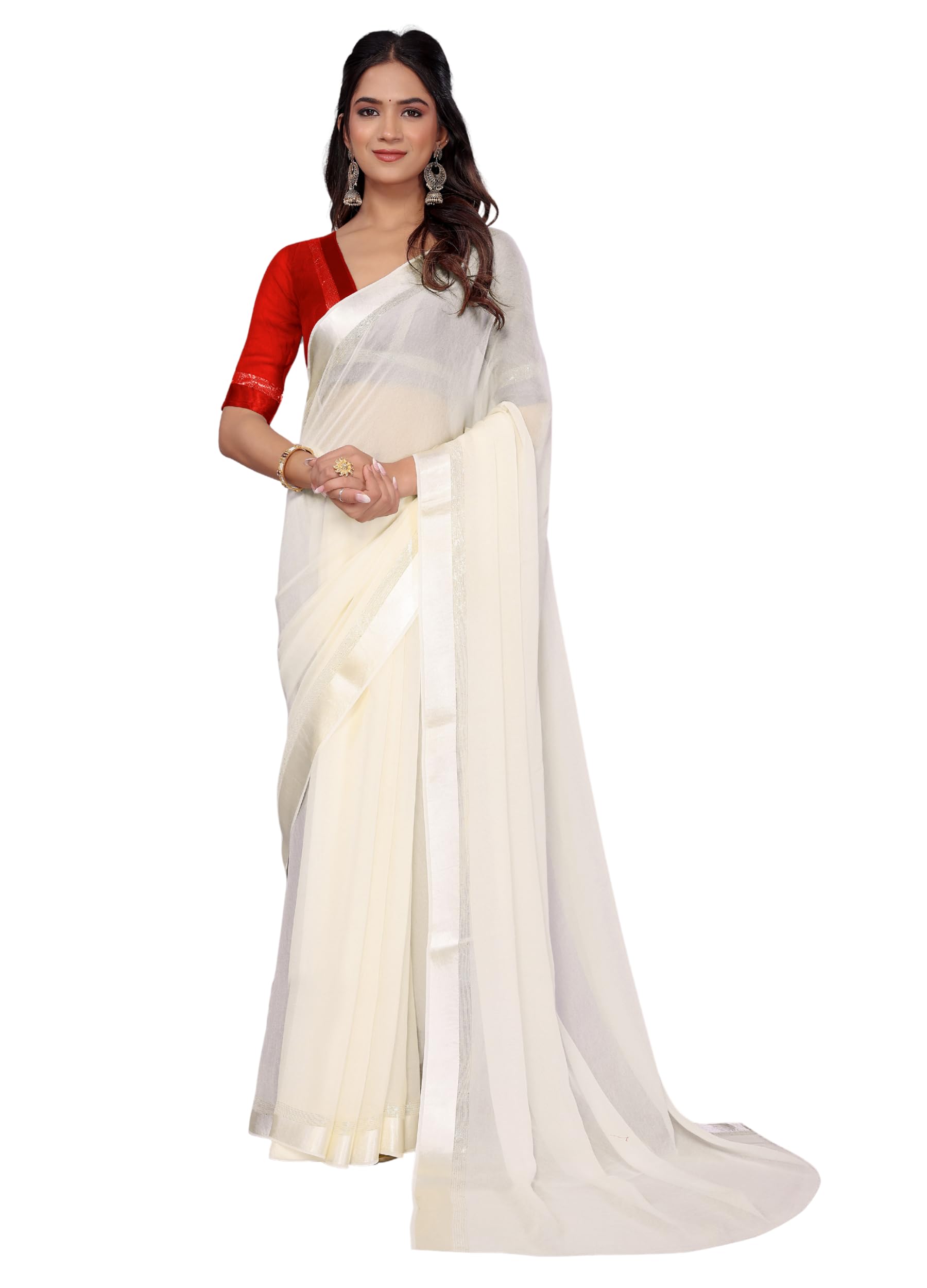 Women's Plain Saree in Pure Georgette Fabric with Designer Contrast Blouse Piece-image-14