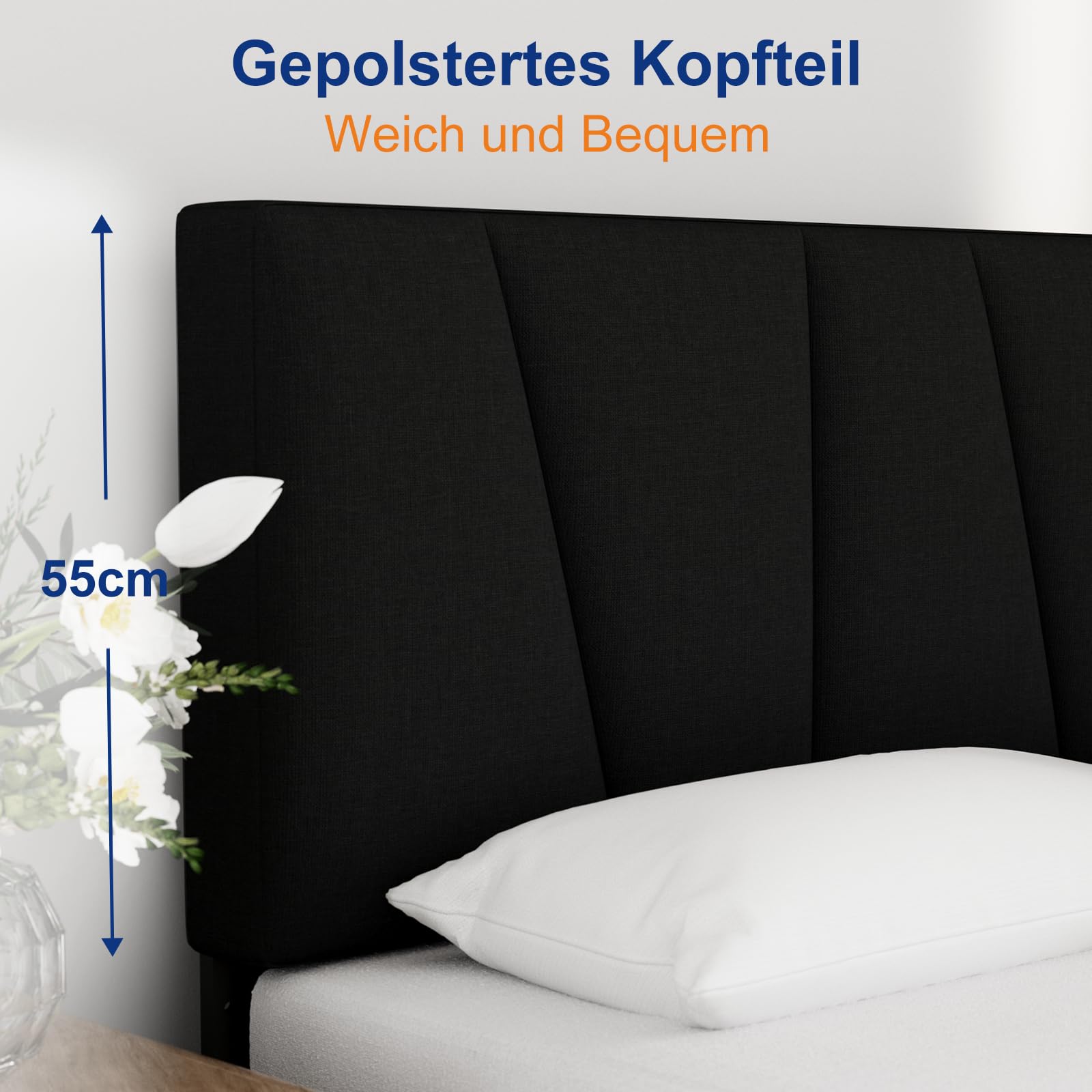 Molblly lit capitonné, 90 x 200 cm, simple, double, design, sommier en bois, tête de lit, gris