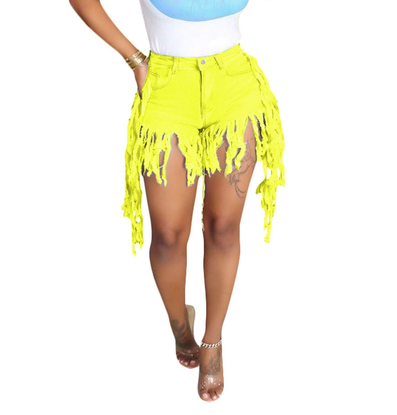 SIAEAMRG Jean Shorts for Women Juniors, Summer High Waisted Stretchy Frayed Raw Hem Tassels Denim Shorts