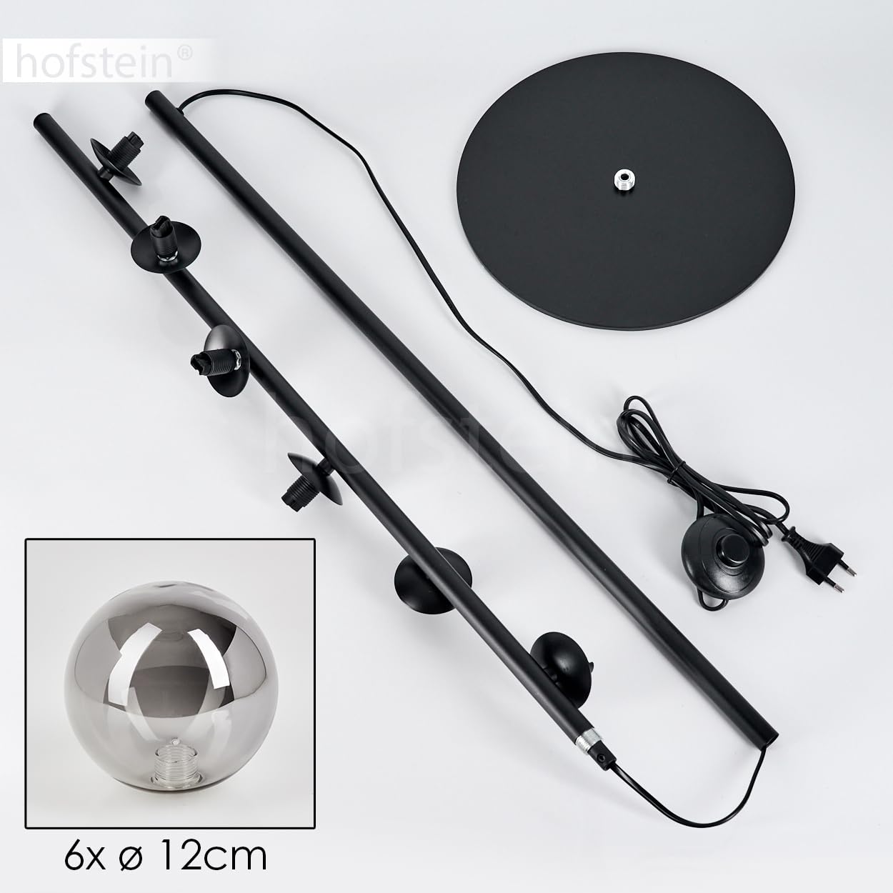 Stehleuchte Remaisnil, Stehlampe aus Metall/Glas in Schwarz/Rauchfarben, Standlampe im Retro/Vintage-Design mit Schirmen aus Glas (Ø 12 cm) u. Fußsschalter, Höhe 160 cm, 6 x G9, ohne Leuchtmittel