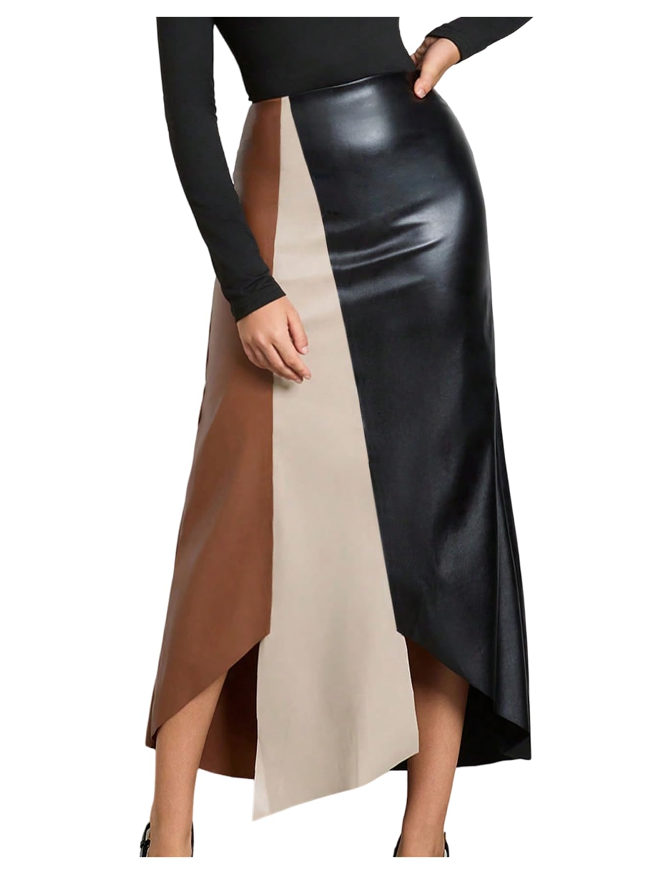 Women's Leather Long Skirt High Waisted Patchwork Asymmetrical Hem A Line Bodycon Maxi Skirts