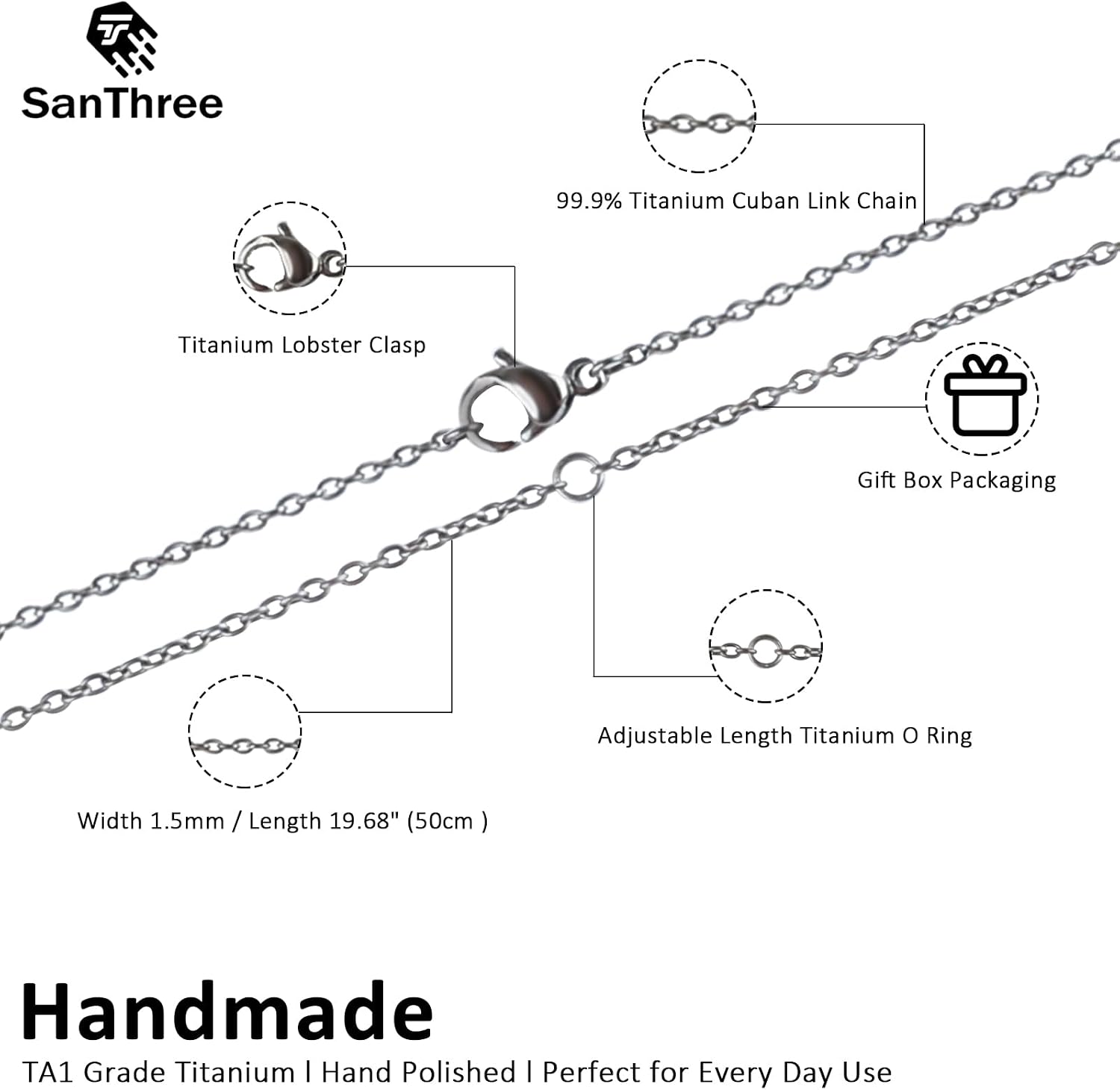 SanThree 1.5mm Pure Titanium Round O Link Chain Necklace for Women Men, Adjustable Sensitive Skin Oval Cable Chain Necklaces for Birthday Valentines Christmas New Year Gifts, 19.68"