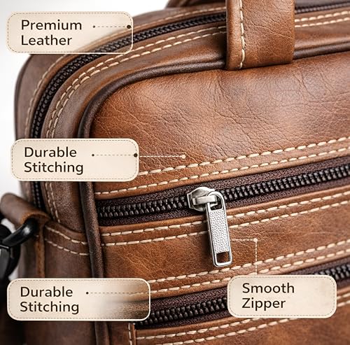 Image of Vegan Leather Laptop Messenger Bag for Men & Women, 15.6 Inch Office Shoulder Bag with 6 Pockets, Adjustable Strap, PU Leather Business Laptop Bag for Work, Travel & College, Rust Color