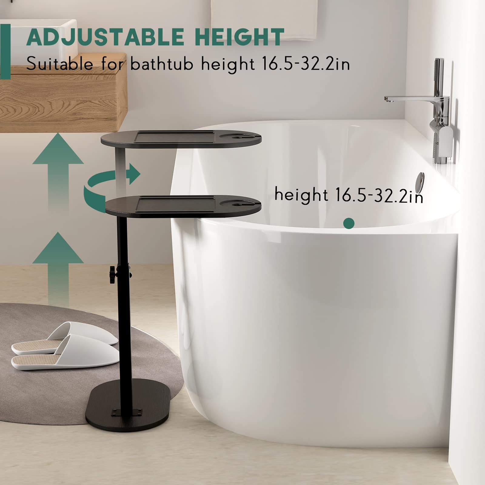 Tavolo Vassoio per Vasca da Bagno in bambù con Altezza Regolabile, Contenitore per Vasca da Bagno freestanding con Base in Metallo, Regalo Doccia per Le Donne,Nero