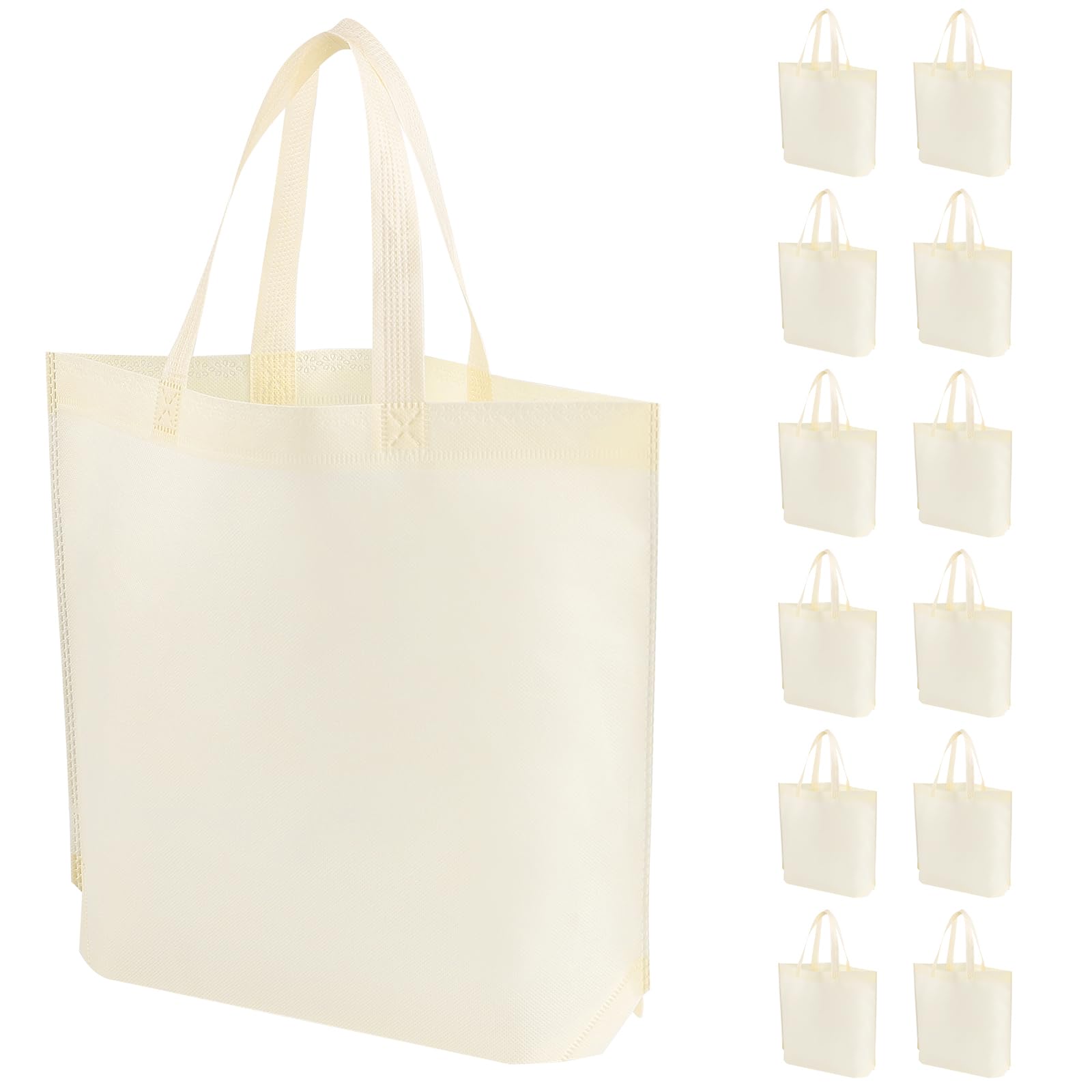 FCBDSGD 24 Pack Non Woven Tote Bags - Reusable Shopping Bags Bulk for Grocery, DIY Craft & Party Favors 14.78x12.5x4 Inches (Beige)
