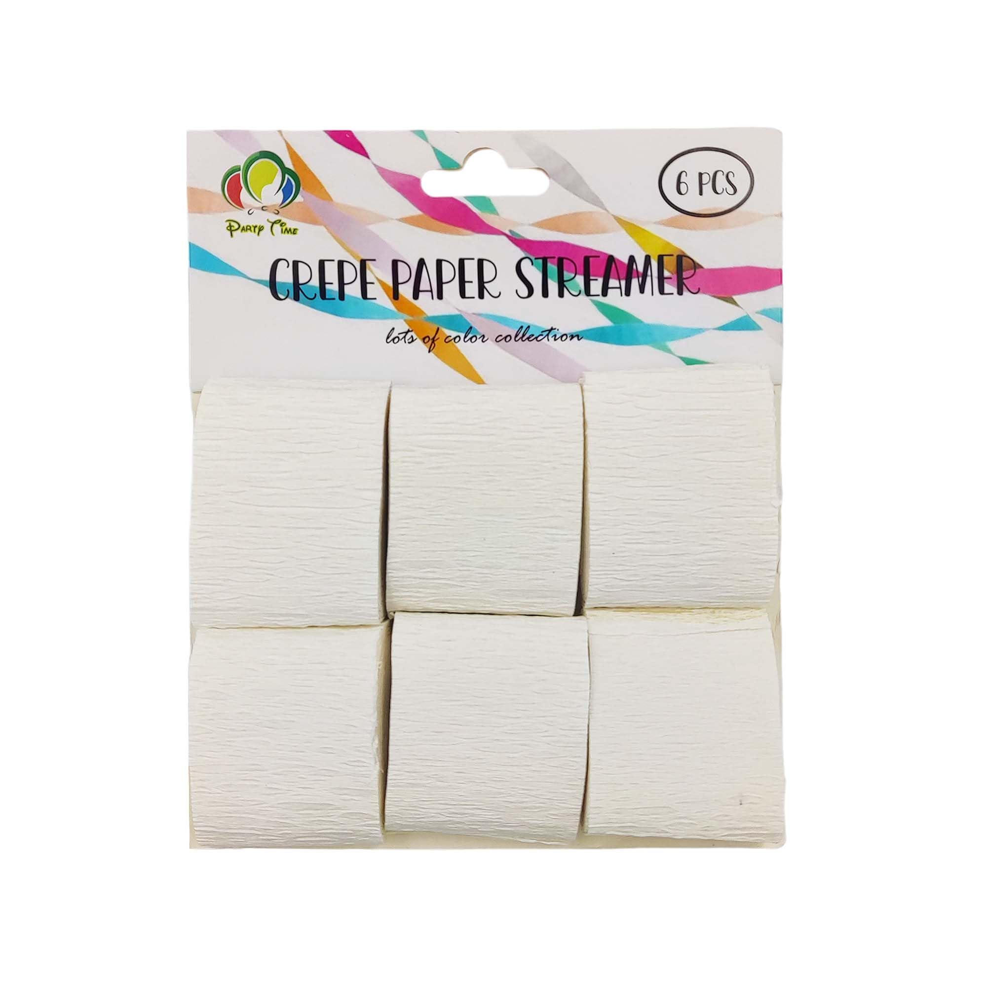 PARTY TIME - 6 Pieces White Small Crepe Paper Streamers for Hanging Decorations like Wedding Ceremony Birthdays Christmas Parties and Event Gatherings (2.5m. x 4.5cm.)