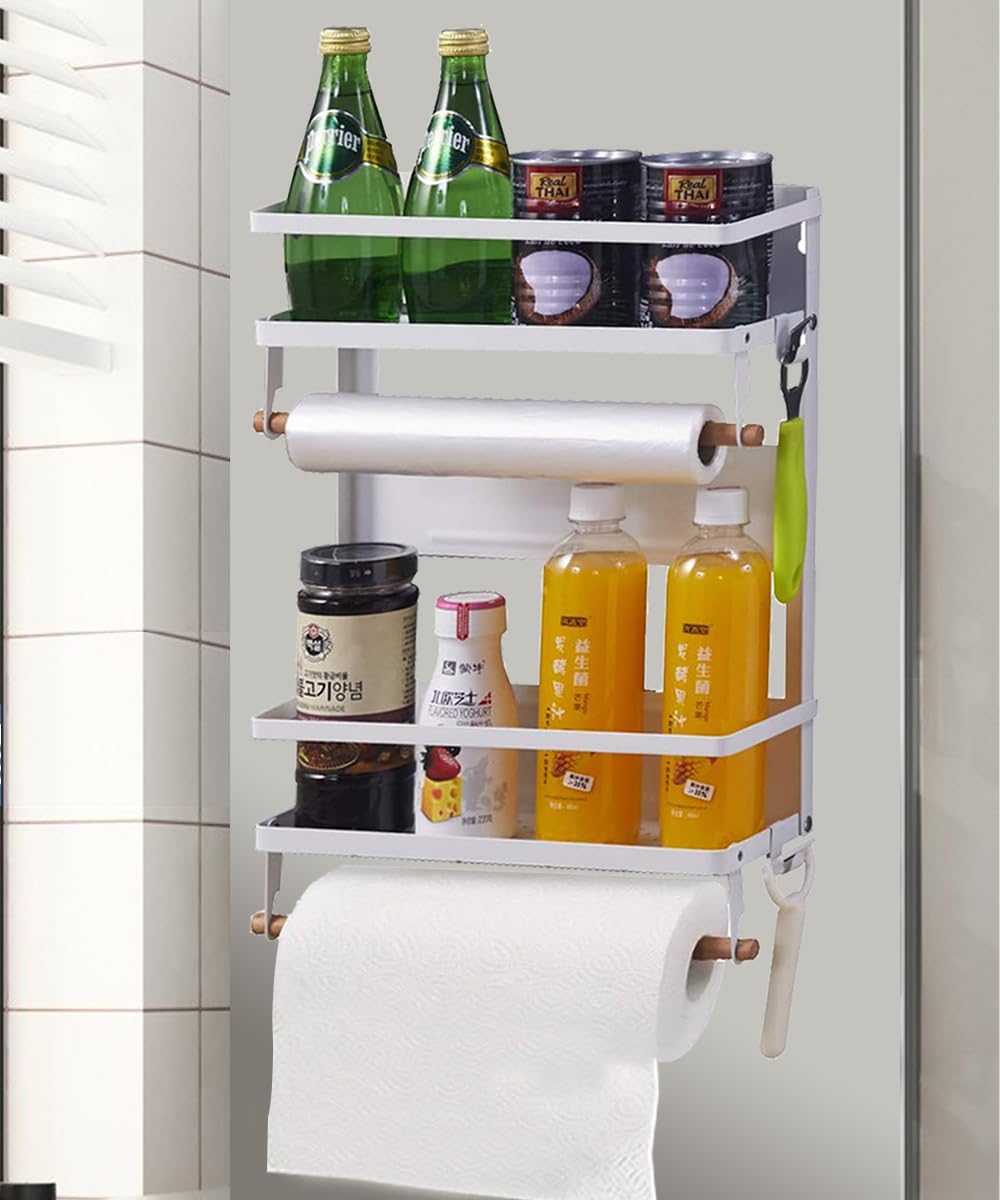 Magnetisches Gewürzregal für Kühlschrank, faltbar, Küche, magnetisch, mit Holzhalter, Weiß