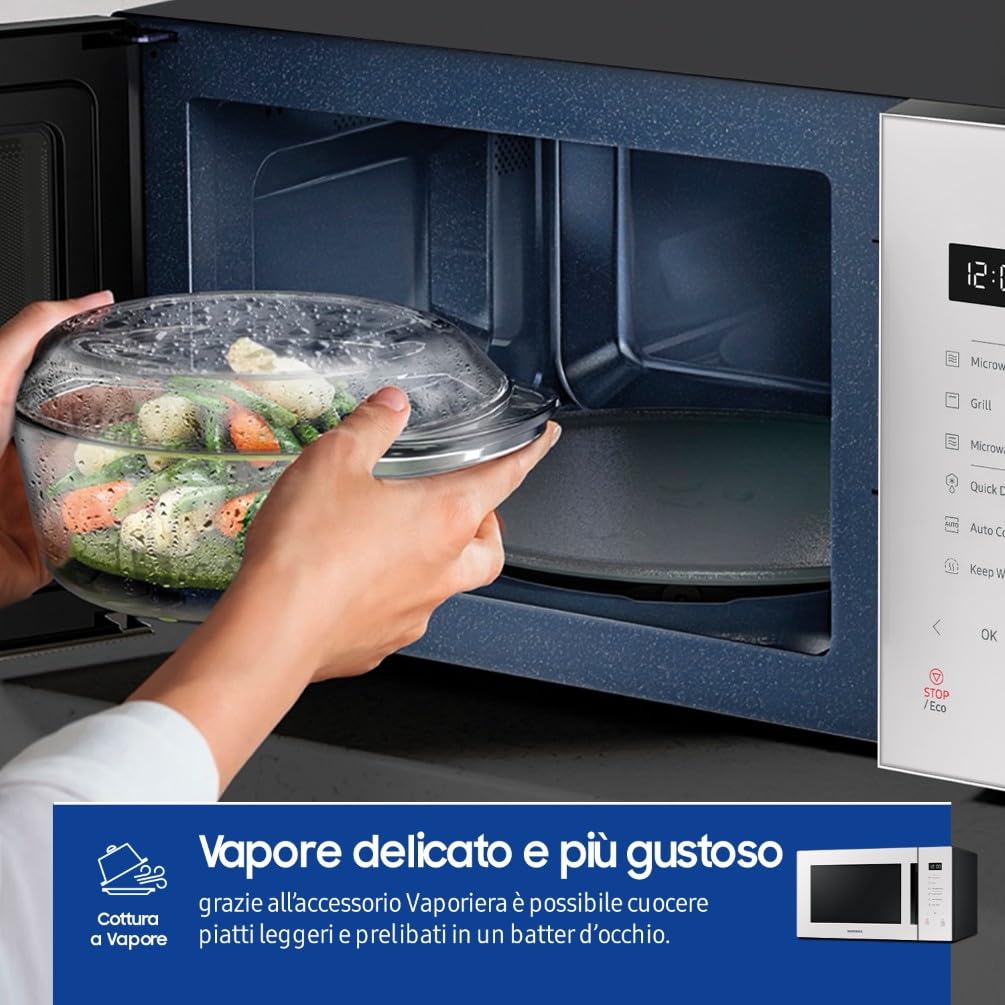 Samsung Forno a Microonde Glass Design Cottura Sana, MG30T5018UE, Vapore, Cottura Automatica, Microonde + Grill 900 W + 1500 W, 30 L, LxAxP: 52 x 30 x 42,5 cm, Porcellana