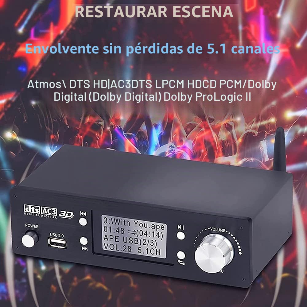 Decodificador de Audio 5.1 con DTS y Dolby, U-Disk con HDMI, Bluetooth 5.0, Fibra Óptica y ARC, DAC y Contenido en 4K * 2K para Extractor y Convertidor HDMI