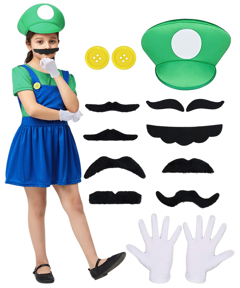 Mario Costume Children, 14 Pieces Luigi Fancy Dress Costumes, Mario Cosplay Costume Fancy Dress, Girls Costume with Hat, Gloves, Beard for Children's Birthday, Christmas, Party, Carnival, Cosplay