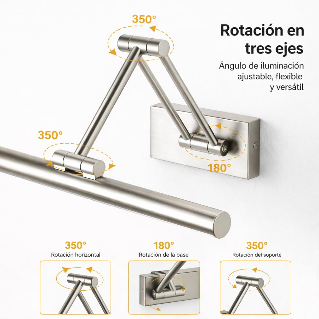 Alpinaluz Aplique LED para Cuadros 60 cm 12W en Aluminio Color Níquel con Brazo Doble Articulado Orientable en 3 Ejes, Luz Cálida 2800K, Diseño Moderno Elegante para Iluminación Interior en Estudio