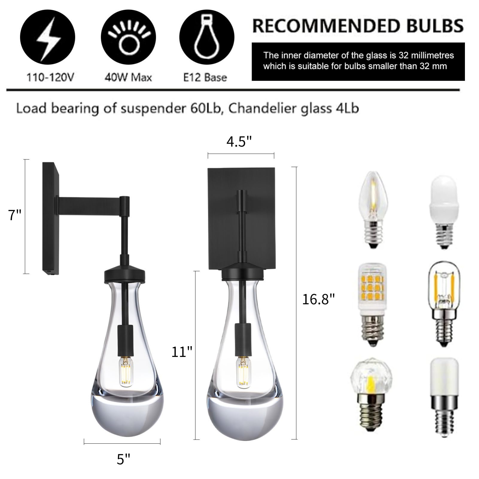 Joyunleo Raindrop Wall Sconces Set of Two, Black Sconces Wall Lighting Glass Bathroom Sconce Vanity Light, Wall Light for Living Room, Bedroom, Stairs, Bulb Included