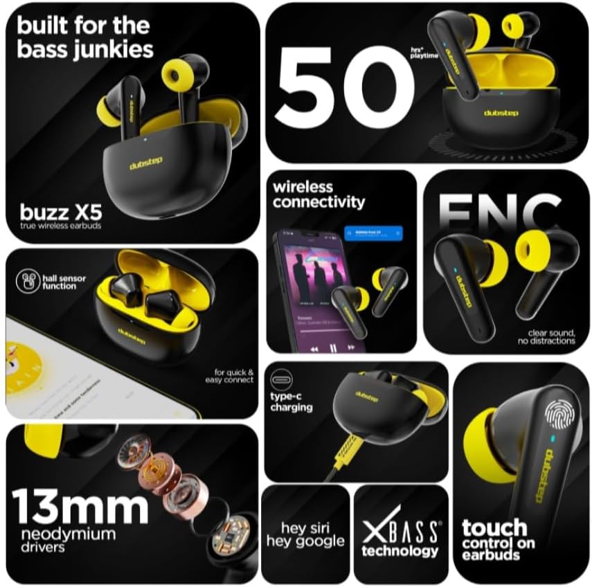 Dubstep True Wireless Earbuds, Black and Yellow, Bluetooth Earphones with Charging Case