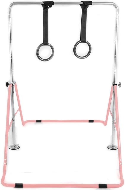 BuoQua Kids Gymnastics Bar with Flying Rings Adjustable Folding Horizontal Bar Pull Up Expandable Junior Training Bar for Kids Home Training (Pink)