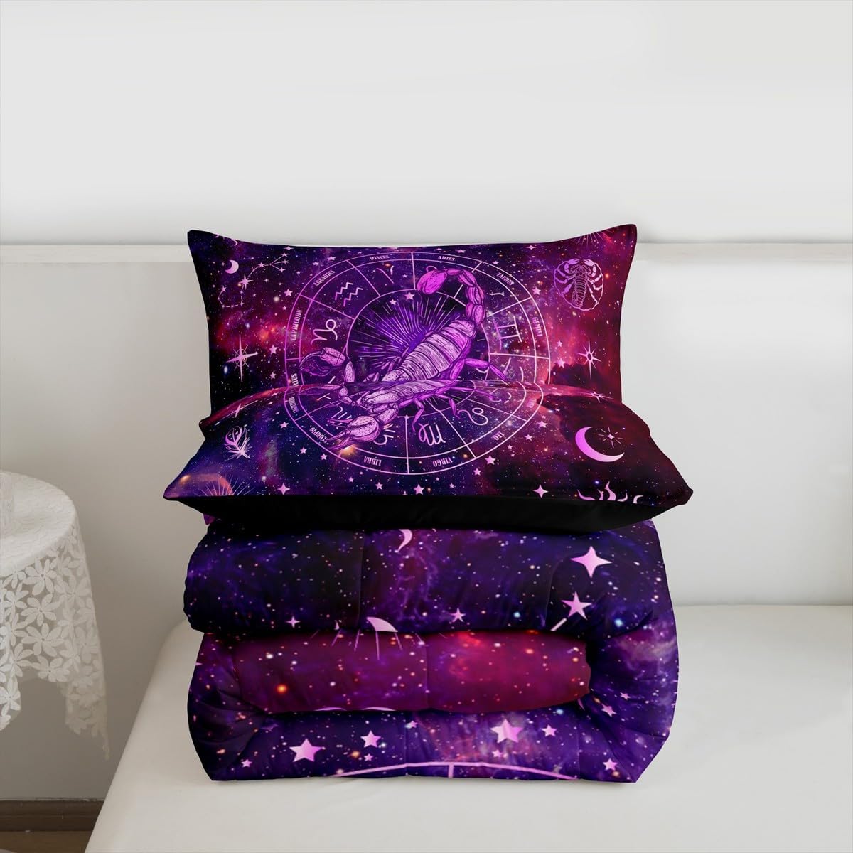 Scorpio Kids Comforter Set Full Size,Sun Moon Starry Sky Galaxy Trippy Bedding Set,Girls Boys Adults Room Decor,12 Constellations Astrology Zodiac Down Comforter,Purple Duvet Insert,2 Pillowcases