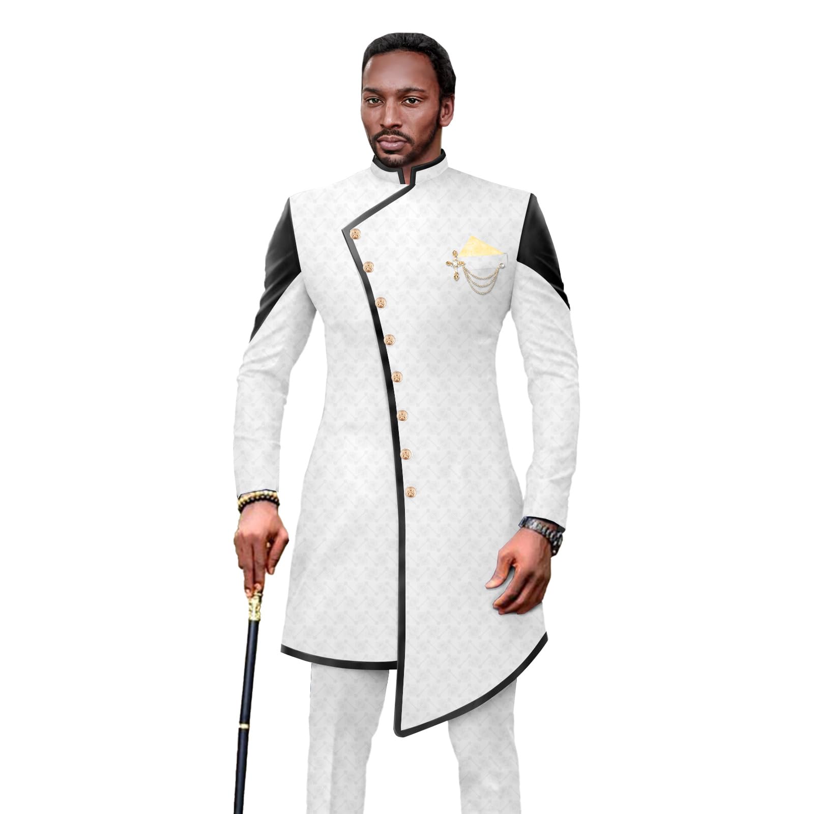Men`s Suits African Clothes Slim Fit Single Breasted Full Sleeve Brooch PU Blazer and Pants Set