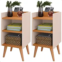 Mesas de Cabeceira Charme Compacta com Pés Retrô Nicho e Prateleira Conjunto com 2 Unidades (Off White/Cinamomo)