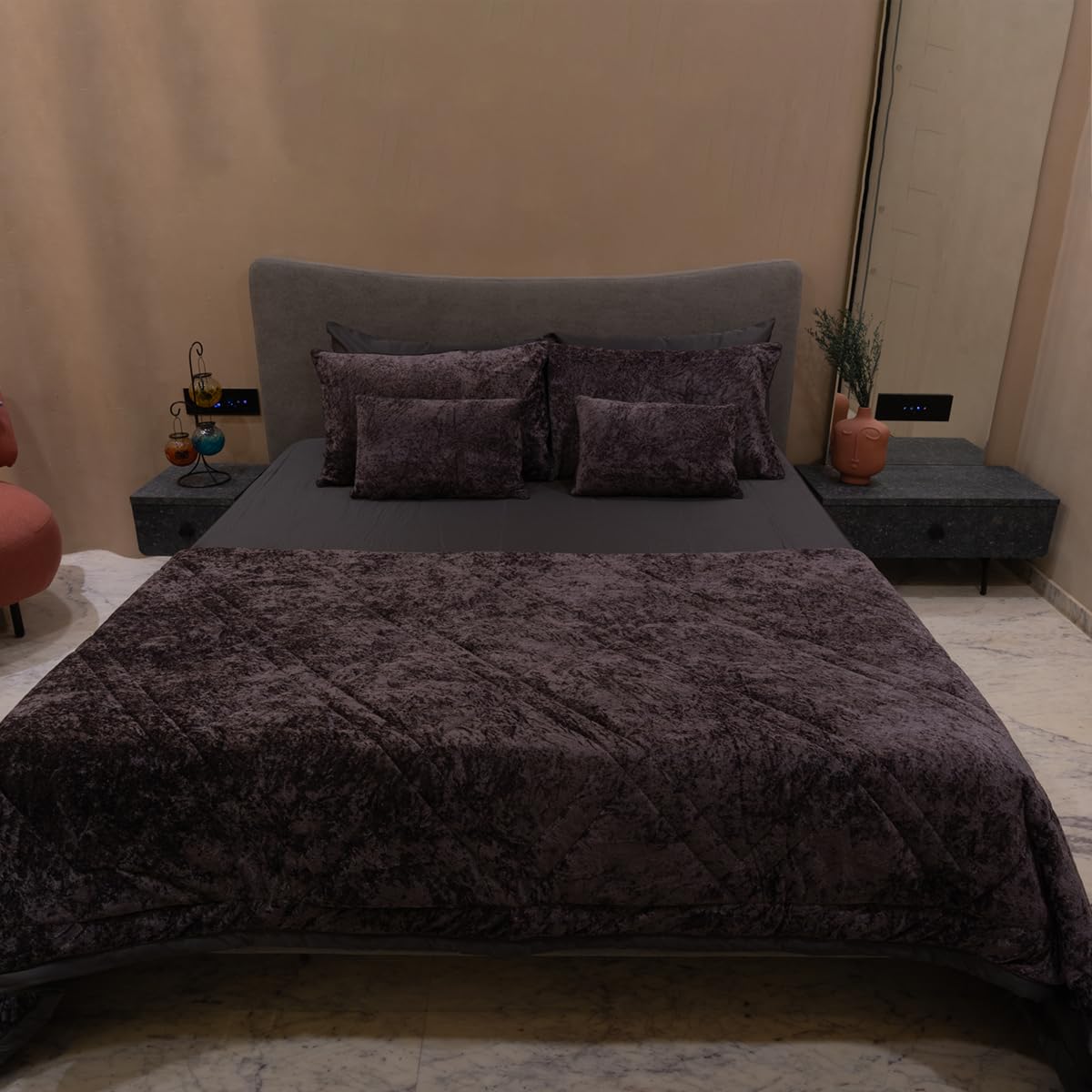 Premium Crushed Velvet Quilted Comforter Bedding Set with Microfibre Bedsheet & 4 Pillow Covers | Ultra Soft, Lightweight & Warm | Luxury All-Season Bedding Set (Charcoal Grey, King Size)-image-2