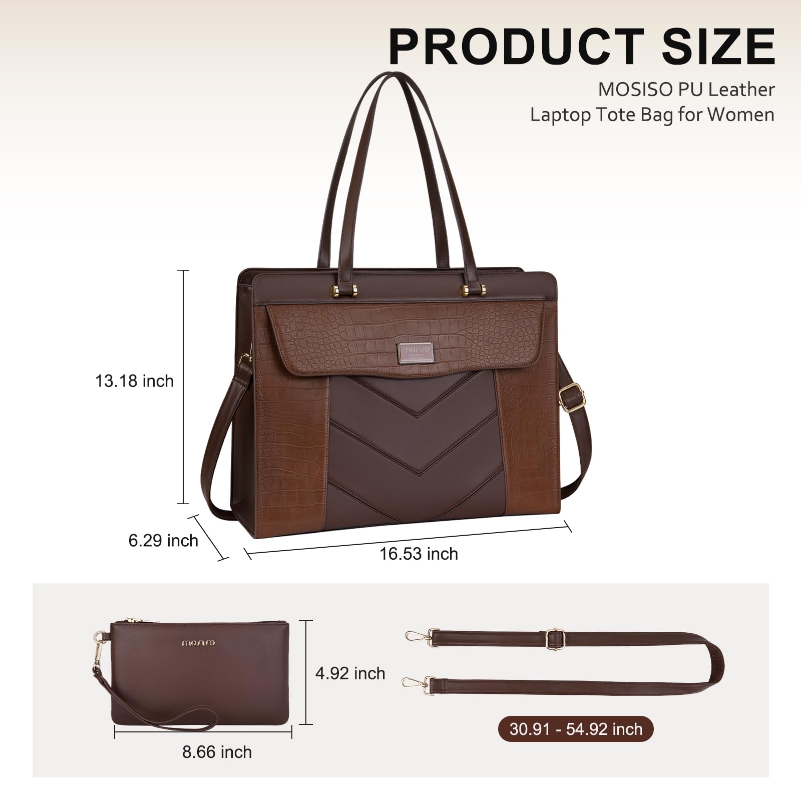 MOSISO Borsa Tote Laptop Donna, 15.6 Pollici Borsa a Mano e Pochette Grande Capacita Pelle PU e Tasca con Patta, Borsa Lavoro Impermeabile Computer Pelle Coccodrillo, per Ufficio, Marrone