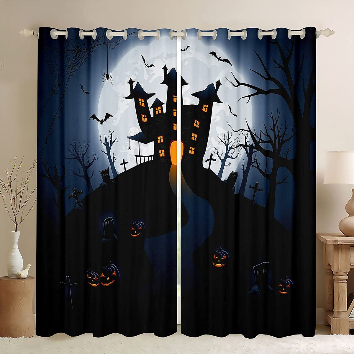 Rideaux De Fenêtre Sur Le Thème D'Halloween Pour Enfants Garçons Et Filles Portant Un Chapeau