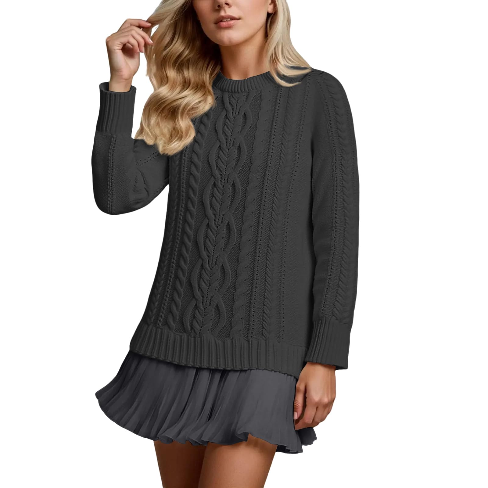Sweater Dress for Women Trendy Knitted Pullover Cozy Sweater Dress Crewneck Long Sleeve Patchwork Short Fall Dresses