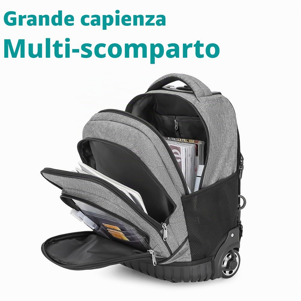 Zaino Trolley Viaggio, Impermeabile Borsa con Ruote Zaino con Rotelle per Uomo e Donna, Scuola, Università, Viaggi, Nero