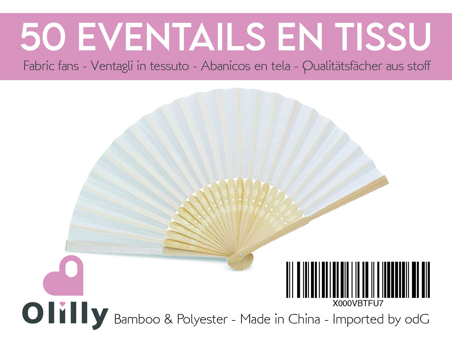 OLILLY - 50 Ventagli Bianchi di Qualità in Tessuto e Bambù – Matrimonio, Battesimo, Festa e Eventi all’Esterno (Bianco, 50 ventagli)