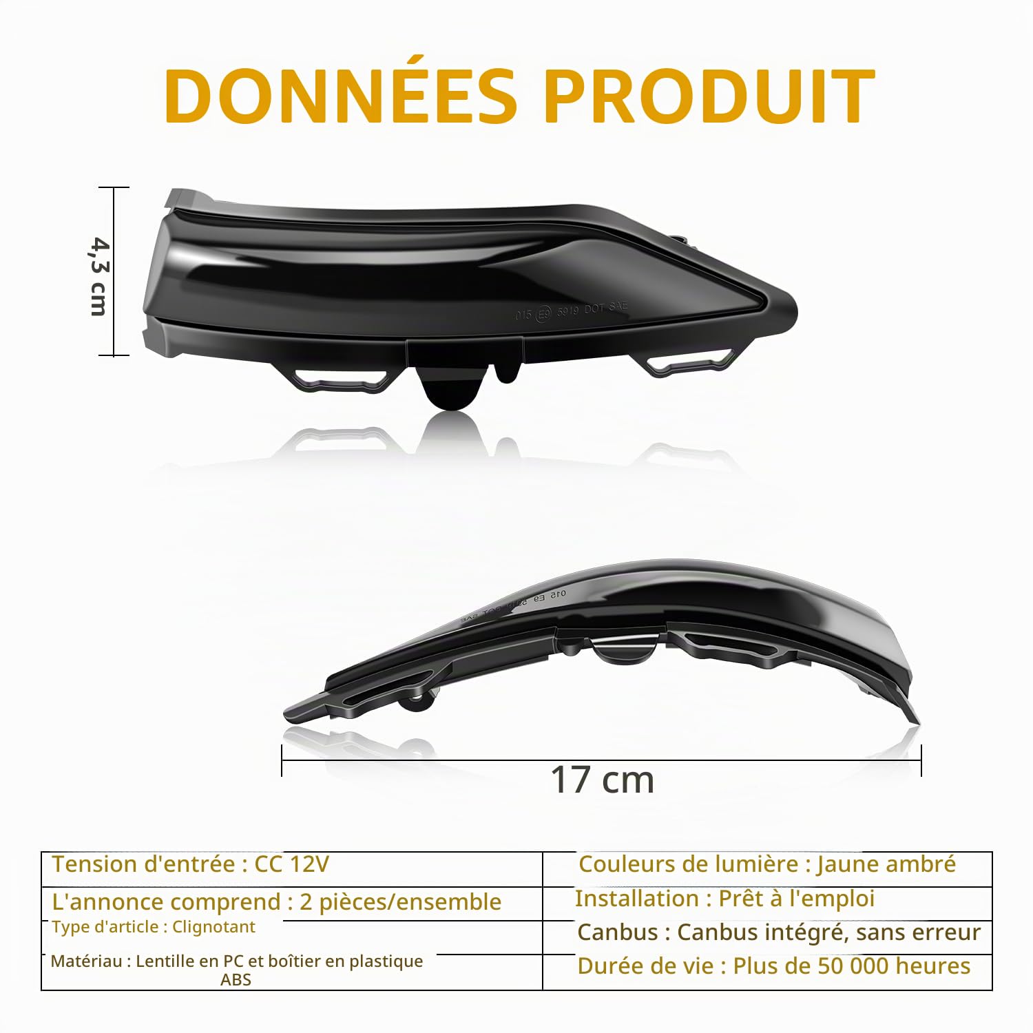 LED Dynamique Clignotant Séquentiel, Marqueur Latéral E8 Lampe témoin, 12V LED Jaune Ambré Brillant Compatible avec For-d Fiesta Mk8 2018 2019 2020 PUMA, 2 Pièces