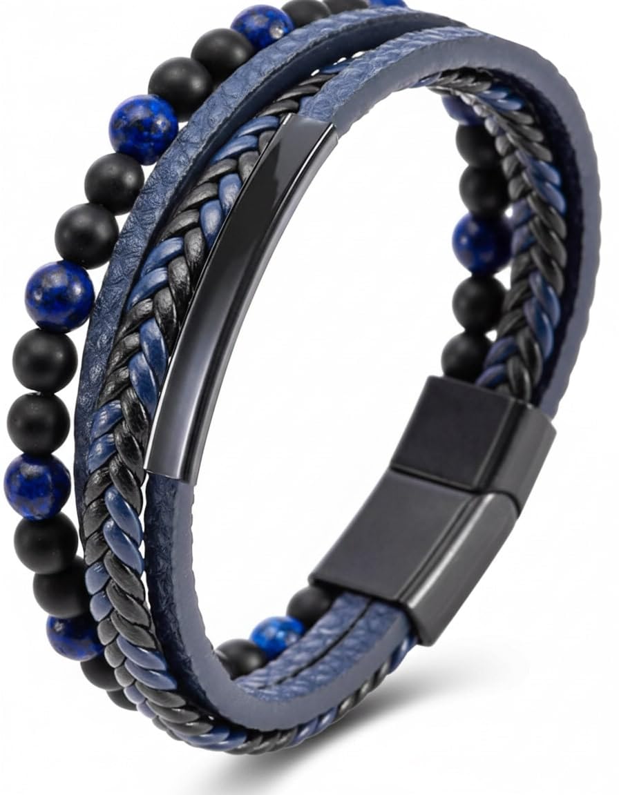 Bold Blue Leather Bracelet Black Beads for Men-image-35