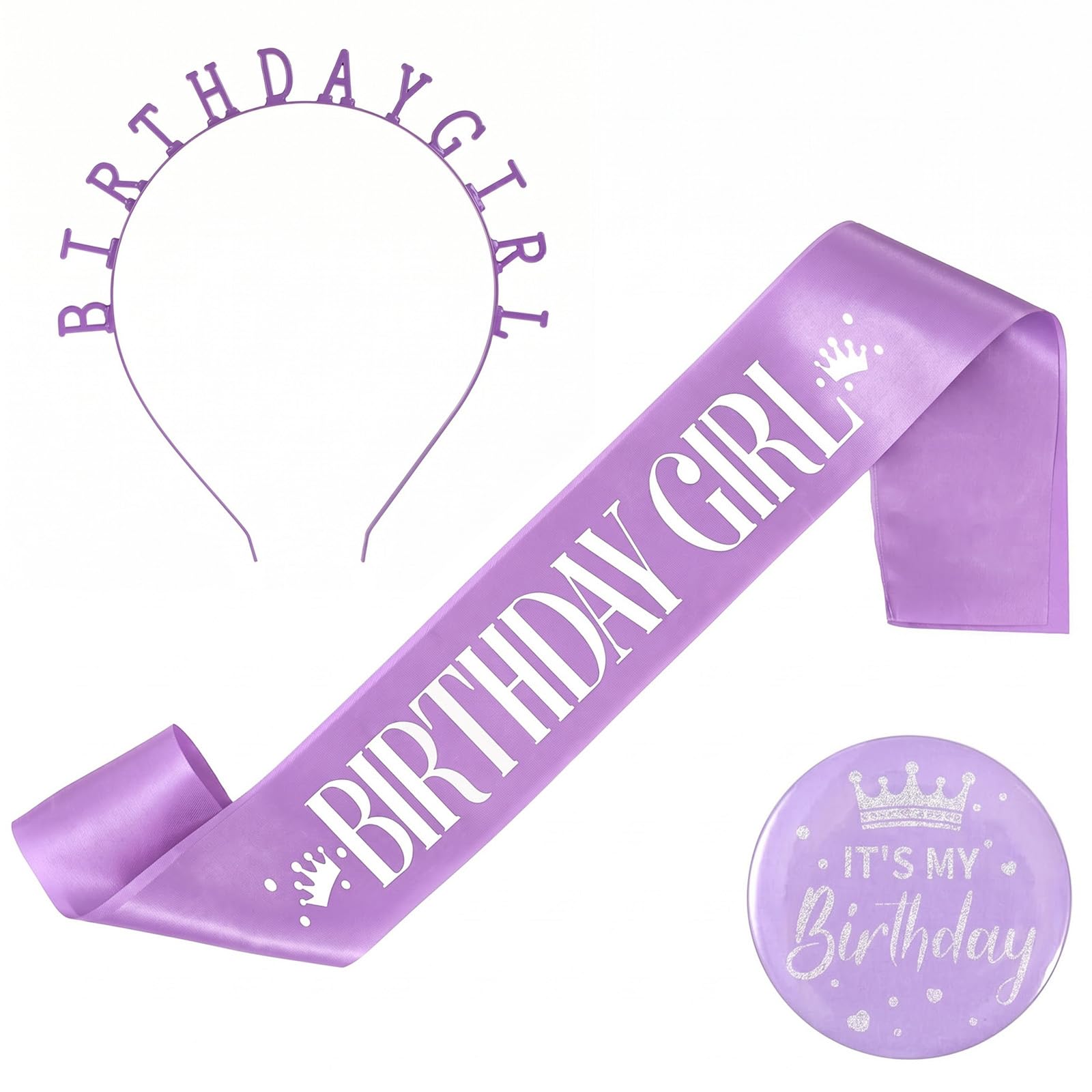 Xkqjlp 3PCS Birthday Girl Sash Birthday Girl Headband Badge Birthday Sash for Women Girls Glitter Birthday Tiara for Women Birthday Party Celebrations Photo Props and Festival Events (Purple)
