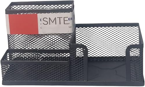SMTE Black Metal Mesh Desk Organizer, 3 Compartments Multi-Functional Pen and Sticky Note Holder, Desktop Storage Caddy for Office, Home, and School Supplies