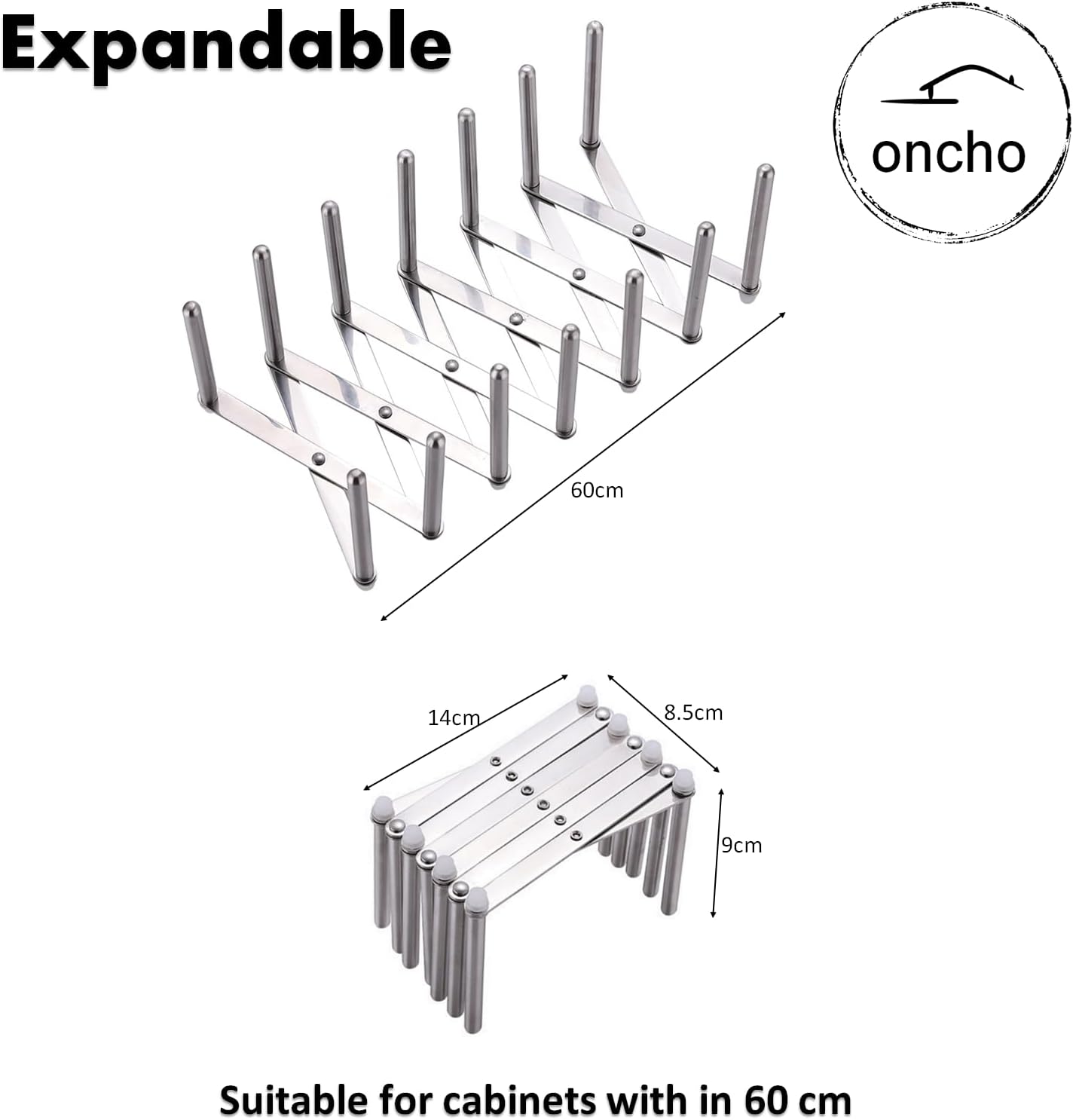 oncho Dish and Lid Drying Storage, Stainless Steel, 6 Adjustable Compartments for Kitchen Cabinets - Expandable, Adjustable and Minimalist Design (14.5x10 cm, Silver)