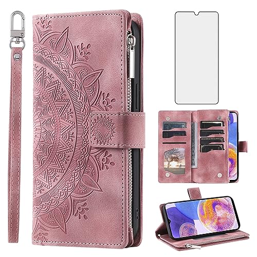 Étui portefeuille Samsung Galaxy A23 5G motif mandala floral avec fermeture zippée sécurisée