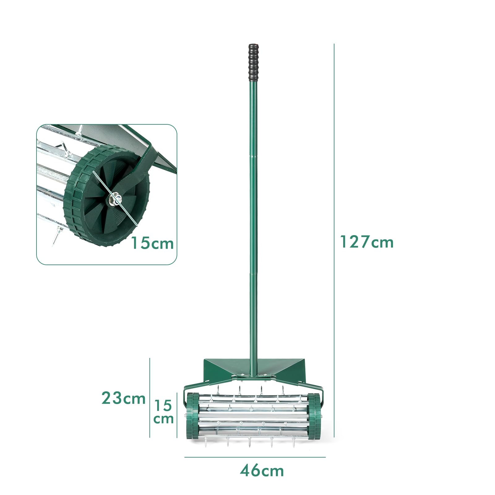GOPLUS Aireador manual para césped con clavos de 3 cm y escudo protector ancho, aireador manual para jardín, patio, terraza, 46 x 23 x 127 cm