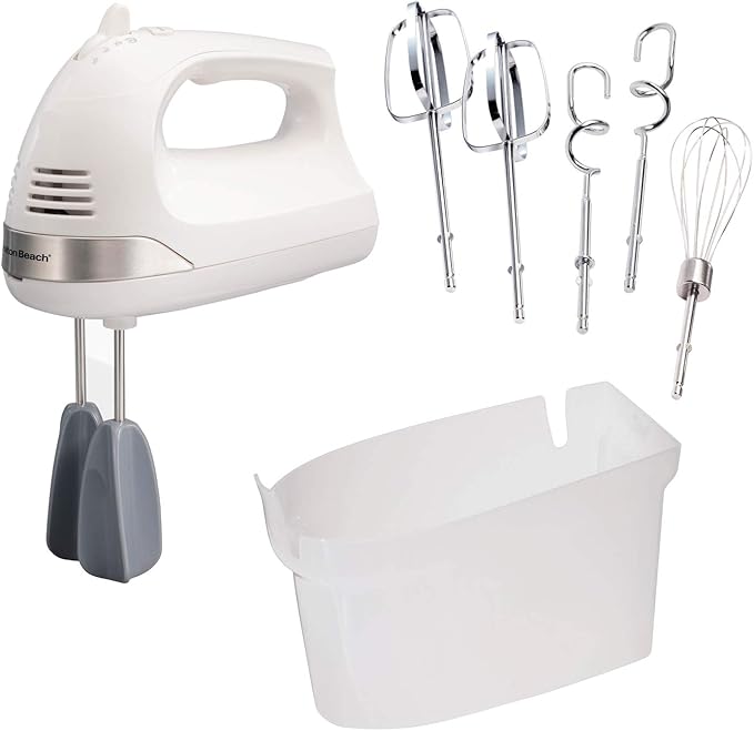 Hamilton Beach 6-Speed Electric Hand Mixer with Whisk, Dough Hooks and Easy Clean Beaters, Snap-On Storage Case, White