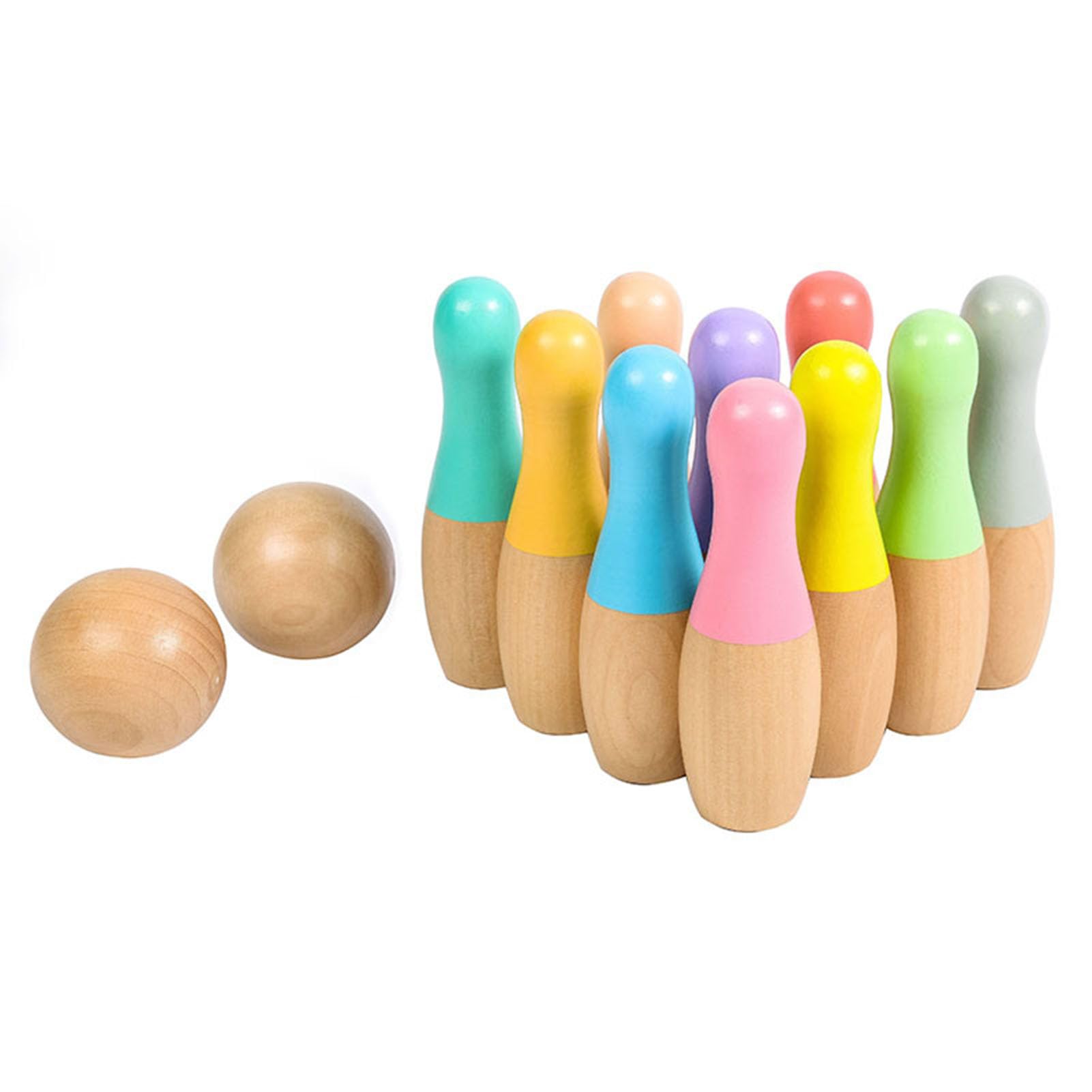 Holz-Kinder-Bowling-Set, Indoor- und Outdoor-Kegelspiel mit bunten Pins und Bällen