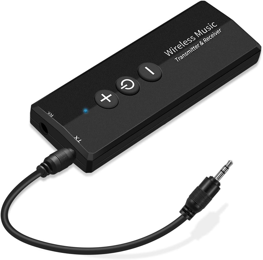Bluetooth 5.0 Audio Transmitter Receiver, Goojodoq 2 in 1 Portable Bluetooth Adapter, Built-in 300mAh Battery Transmitter and Receiver for TV, Wired Speaker and Headphones, Car Stereo Sound System