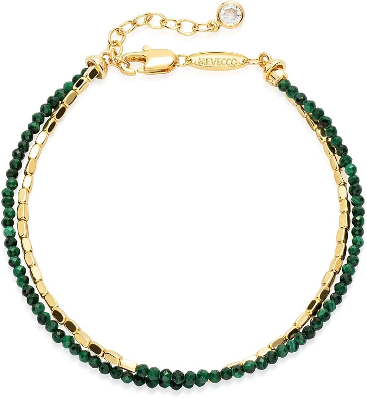 Double Strand Stone Bead Bracelet for Women, Gold Bead Accent | 18K Gold Plated Brass, Two Coordinated Strands Of Faceted Stone Beads And Polished Metal Beads, Colors And Bead Shapes Vary